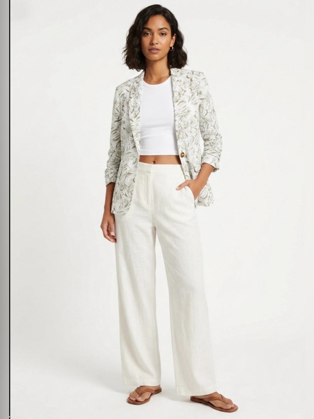 Briggs New York Tropical Leaf Print Linen-Blend Blazer Size M Sage Green